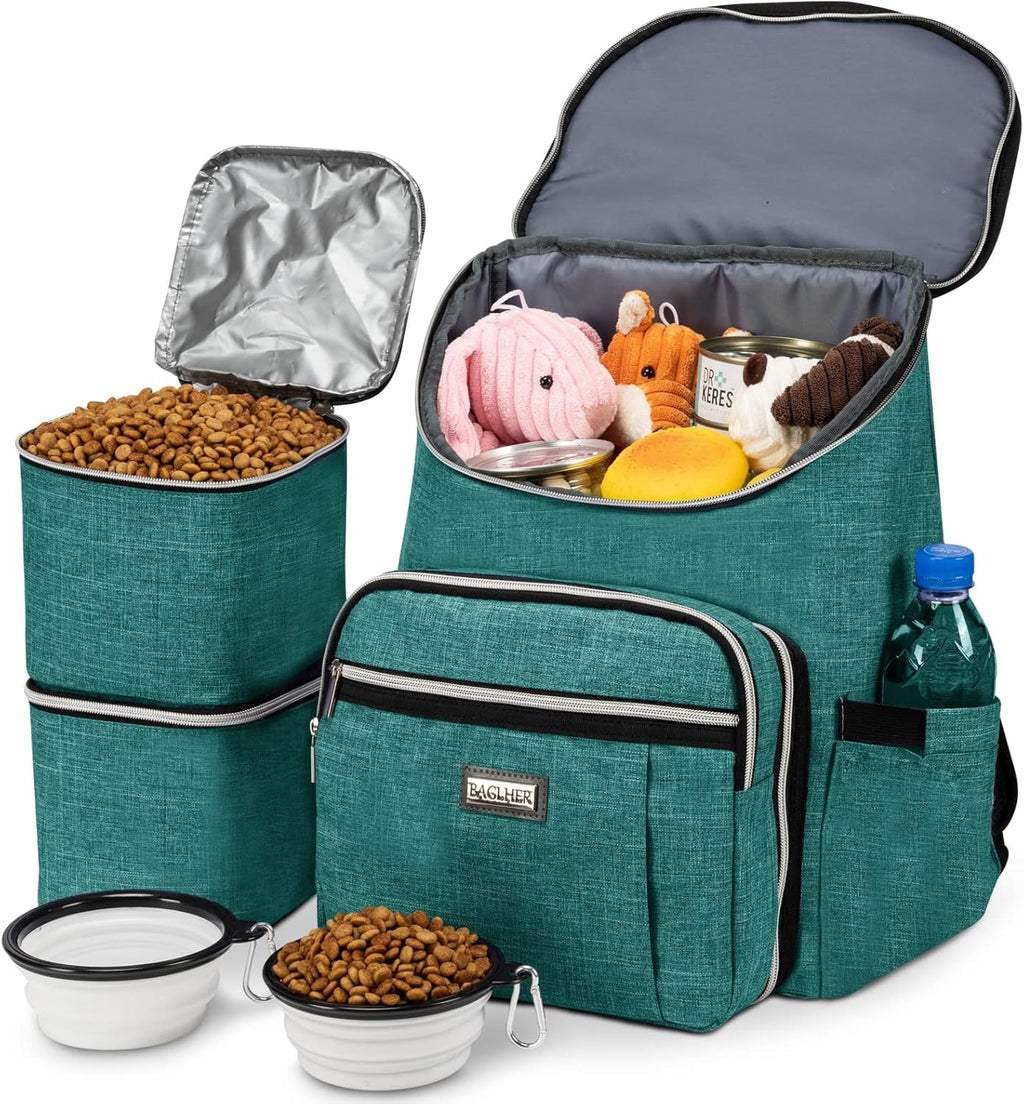 Travel Dog Backpack - Detachable Travel Dog Food Container for Pet Supplies Dog Gear Backpack,Dog Bag for Traveling with 2 Silicone Collapsible Bowls and 2 Food Baskets Grey