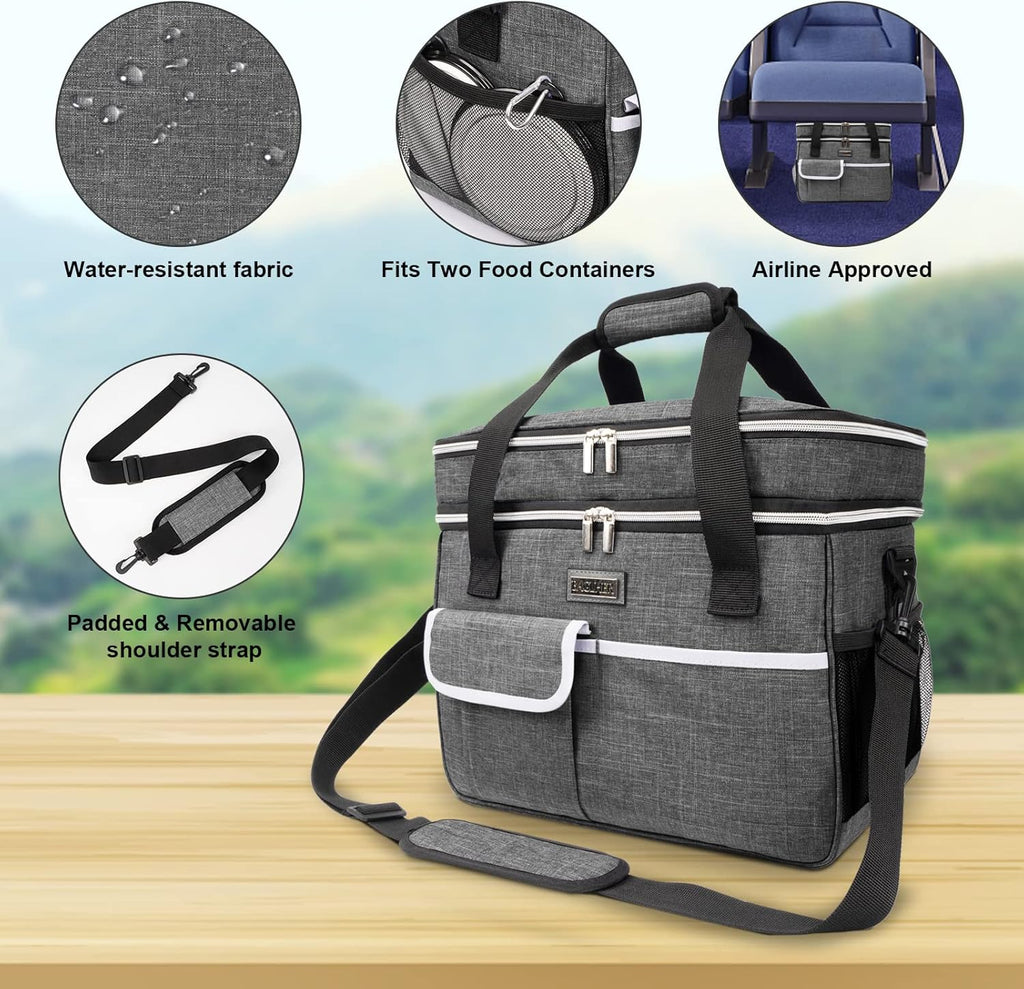 Dog Travel Bag for Supplies - Double-Layer Airline Approved Weekend Pet Travel Organizer Set for Dog and Cat Tote with 2 Pet Food Containers and 2 Collapsible Silicone Bowls Grey