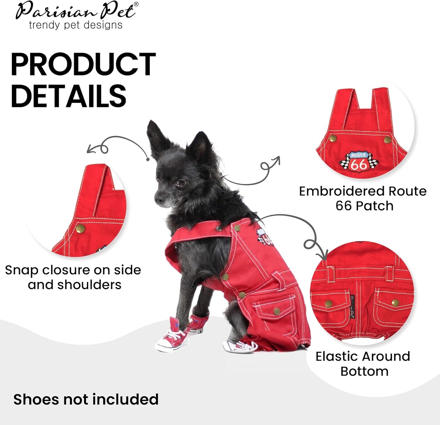 Denim Overall - Embroidered “ Route 66 “ Red Dog Jumpsuit - Breathable Dog Costume - Machine Washable Dog Outfit - Dog Overalls for Small Dogs - S