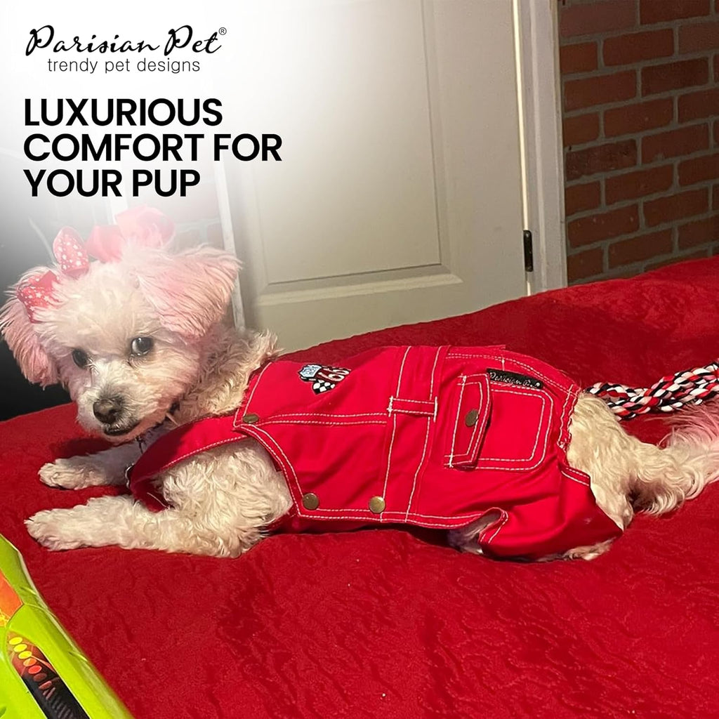 Denim Overall - Embroidered “ Route 66 “ Red Dog Jumpsuit - Breathable Dog Costume - Machine Washable Dog Outfit - Dog Overalls for Small Dogs - S