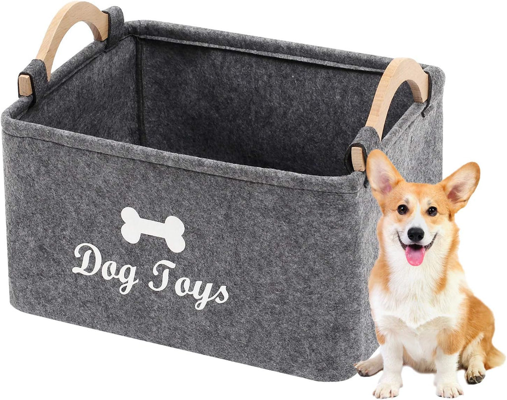 Dog Toys Storage Bins - with Wooden Handle,Decorative Basket Rectangular Soft Felt Storage Bin Organizer Basket Pet Supplies Storage Basket/Bin Kids Toy Chest Storage Trunk(Dog-Grey)
